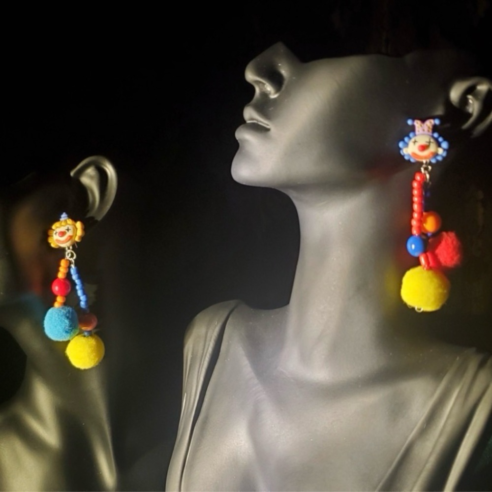 Vibrant Pom Pom Earrings with Clown Design